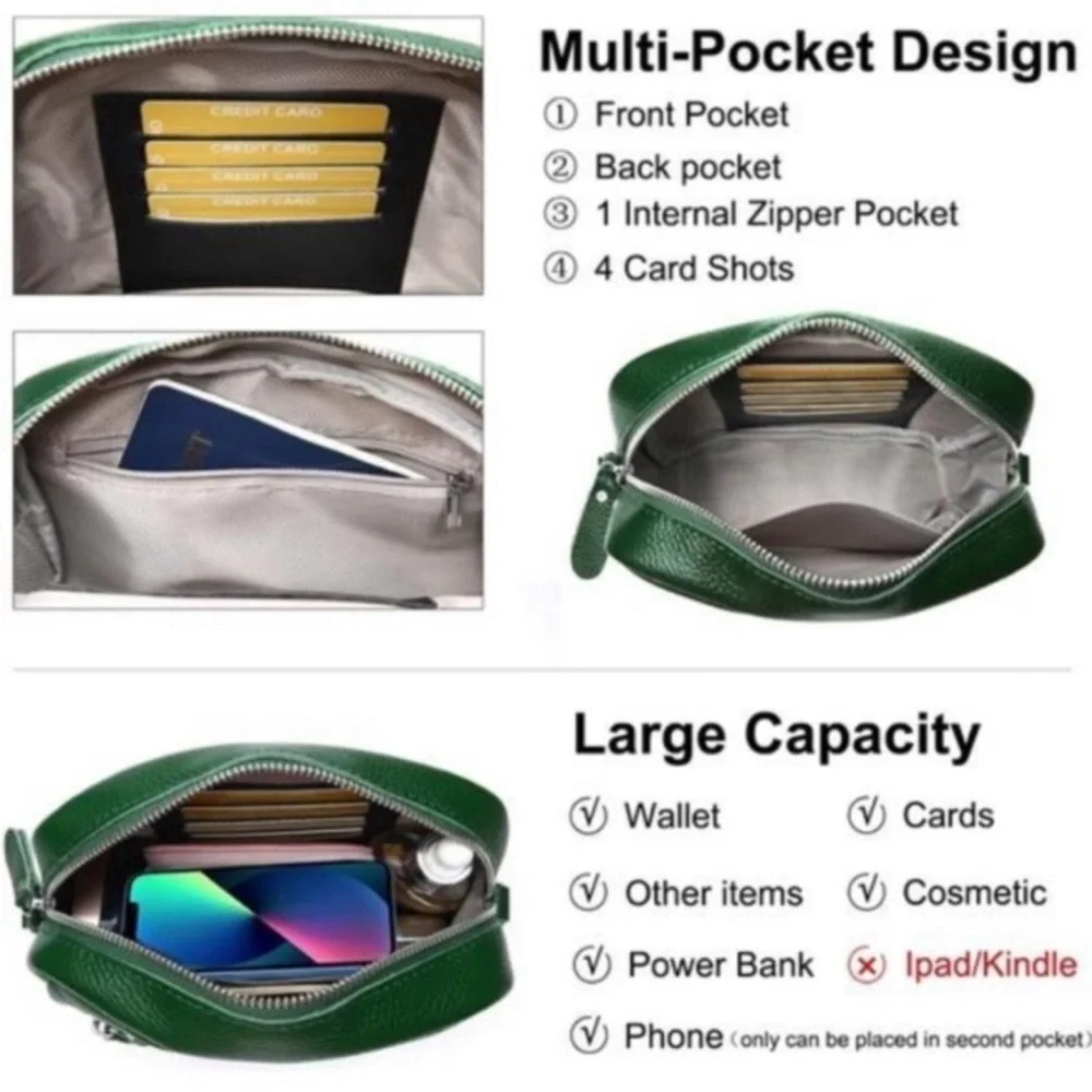 Small Crossbody Bags Genuine Leather, Green new - Picture 3 of 7